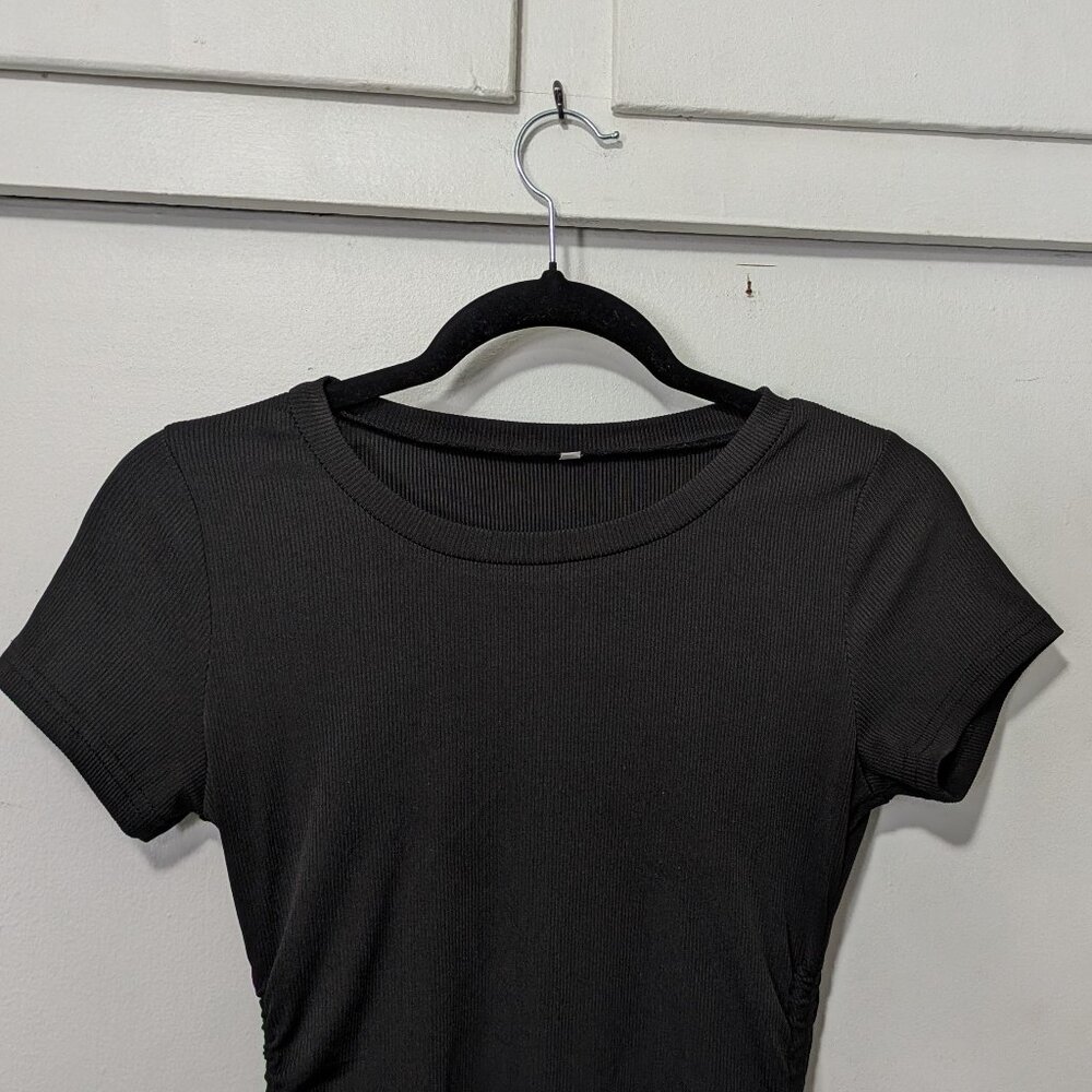 Black Short Sleeved Ribbed and Ruched Shirt Dress - Picture 2 of 4